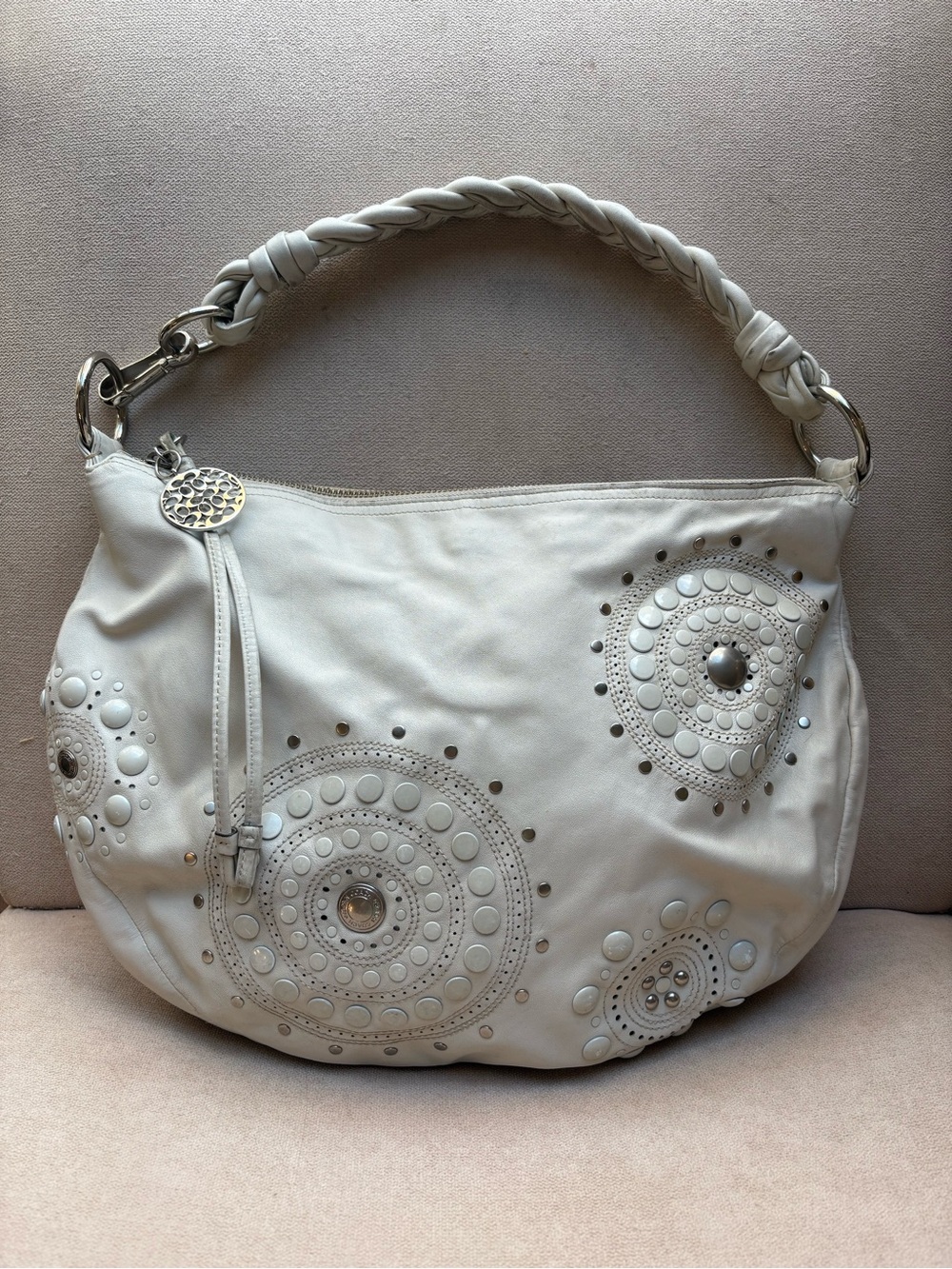 2009 COACH Ali Hobo Studded Bag 13645 White Studded Leather Hobo Bag